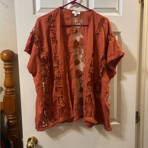 Umgee Rust Floral Lace-Trim Open Front kimono